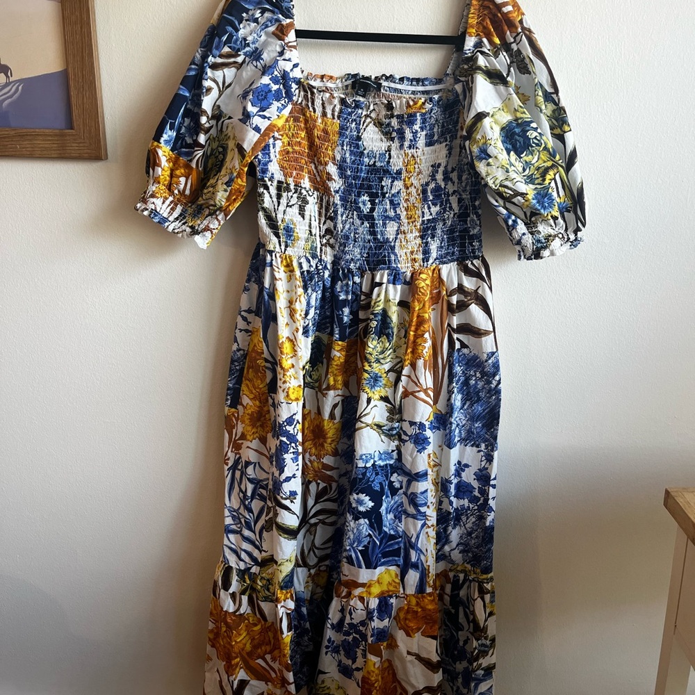 INC International Concepts Blue and Yellow Floral Long Sleeve Dress